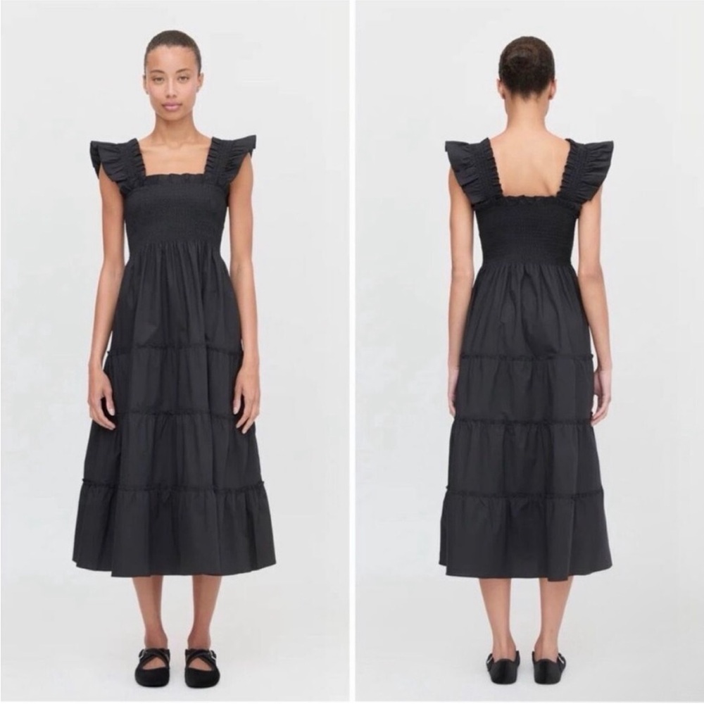 Hill House Ellie Nap Dress Smocked Ruffle Midi 100% Cotton Black Sz Small - Picture 3 of 11